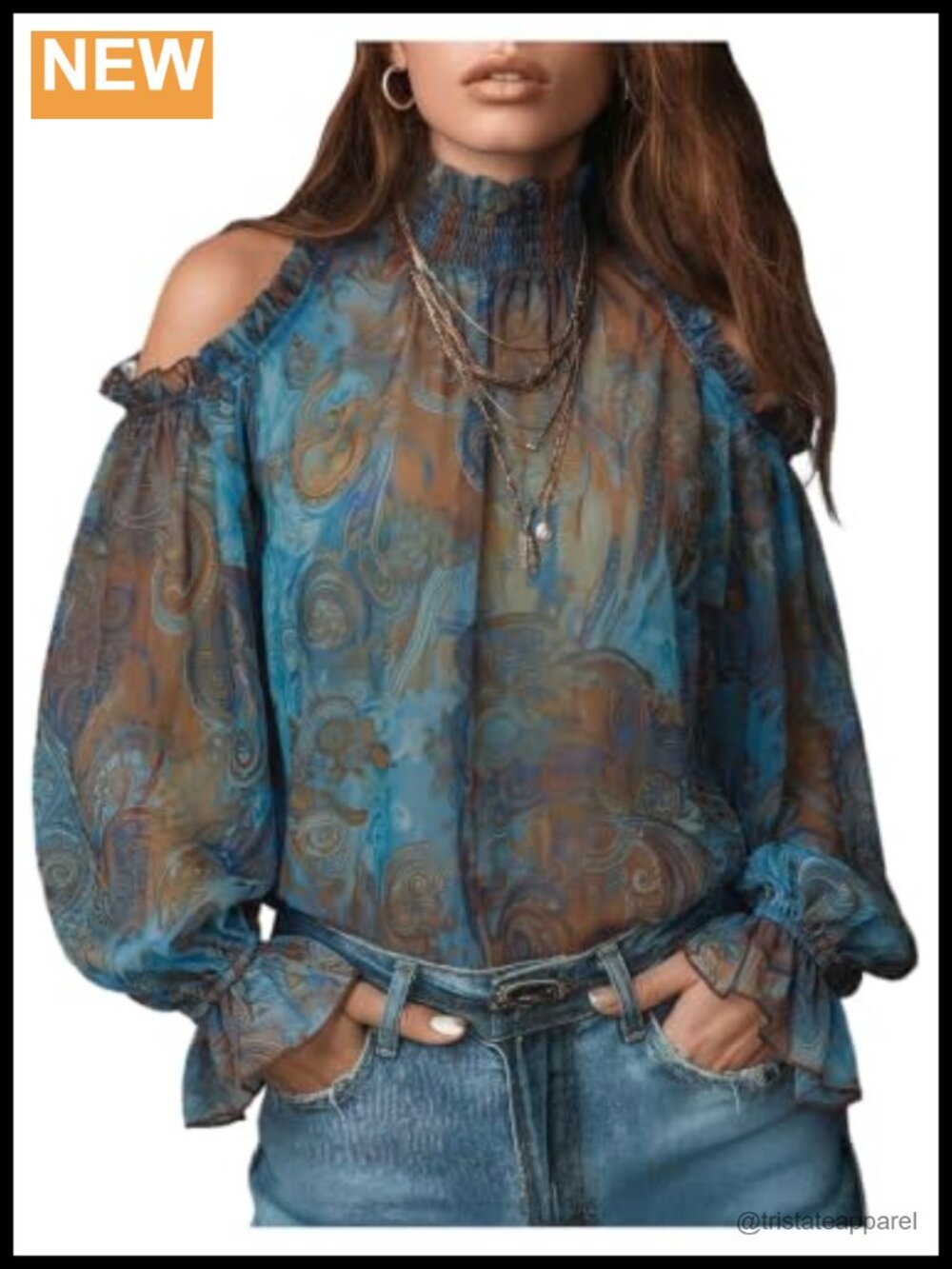 Boho Paisley Cold Shoulder Blouse Mock Neck Bishop Long Sleeve Top